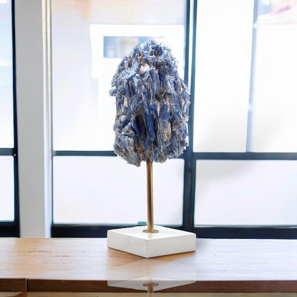 Blue Kyanite on White Stand in Matrix of Quartz Crystal, Freeform, Weighs 3 lbs.